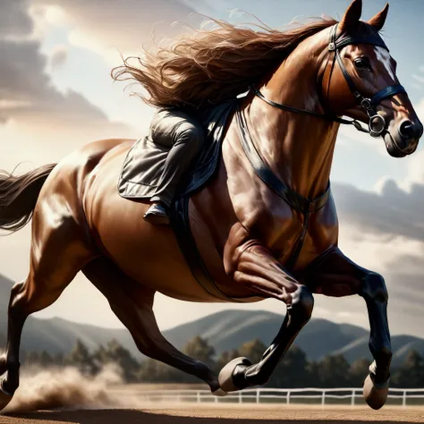 a majestic horse galloping freely on a race course, its powerful muscles rippling beneath a coat of silky hair, (best quality,4k...