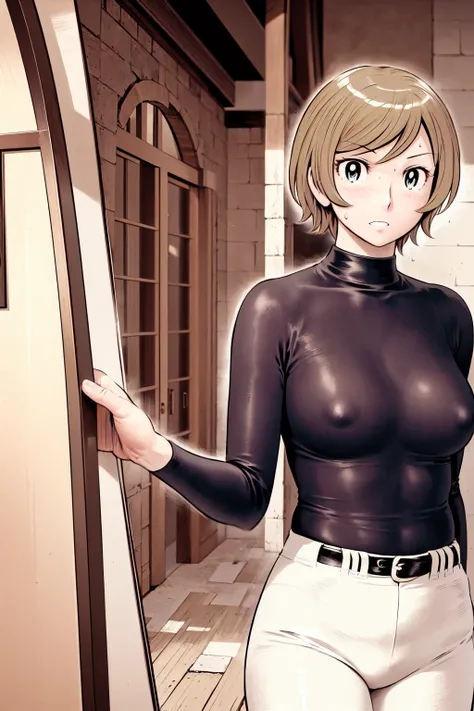 (野球uniform:1.2),
Blonde, (short hair:1.2),Long sleeve, Black Shirt, turtleneck,White trousers、uniform、Black belt、((Illustration of a person))、big 、
View your viewers,, (Highest quality:1.3),One Girl, White pants、uniform、Outdoor、baseball ground、ground、soil、...