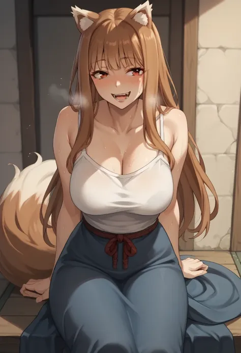 brown hair,long hair,red eyes, wolf girl,wolf ears,wolf's tail、large breasts、camisole(tight)raise the、long skirt、blush、sweat、in ...