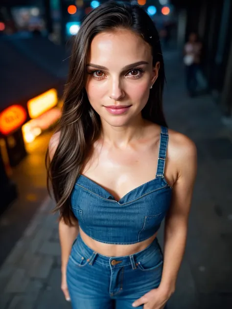 (selfie, top view: 1.4), (straight half of the body: 1.4), RAW UHD portrait photo of a beautiful Natalie Portman walking down a dark alley, city at night, (jeans and blouse:1.2), details (textures! , hair! , disadvantages: 1.1), glossy eyes with high detai...