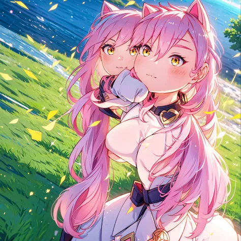 an anime girl with cat ears. fake cat ears, and the cat ears are framed in gold on the head, long pink hair, very long hair, bri...