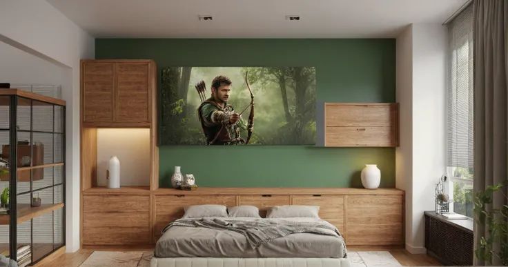 Raw photo,Masterpiece, high quality,Gray and white tones, combined with green, robin hood wall deco, robin hood painting
, wall deco decorations, rattan wall decor, best quality, authentic, super detail, interior, indoors, bedroom style modern , (daylight:...