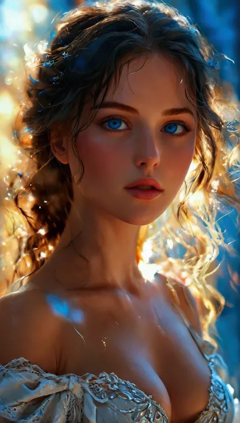 beautiful brunette girl with blue eyes, extremely detailed face, large breasts, large butt, high quality, 8k, realistic, photorealistic, masterpiece, intricate details, cinematic lighting, dramatic colors, digital painting, concept art