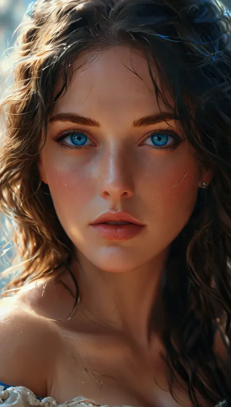 beautiful brunette girl with blue eyes, extremely detailed face, large breasts, large butt, high quality, 8k, realistic, photorealistic, masterpiece, intricate details, cinematic lighting, dramatic colors, digital painting, concept art