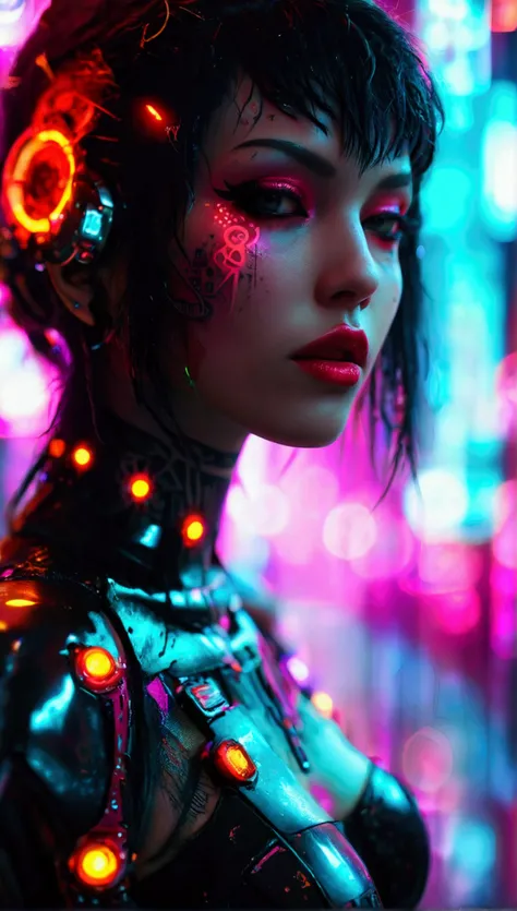 (Artistic photo of a cyberpunk prostitute),full-body shot, Center, (Extremely detailed:1.2), (Intricate neon slums in the background:1.1), Ultra Detailed, (Soft lighting:1.2), high resolution, Film particles.