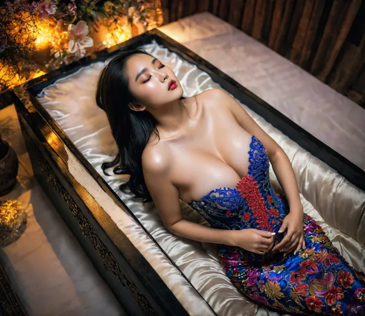 In a striking 8K HDR scene, a stunning Korean woman, 22 years old, lies peacefully in a black coffin surrounded by plush pillows. The deep box is set against a rich black background, accentuating the beauty of the subject. Her exquisite kebaya attire is em...