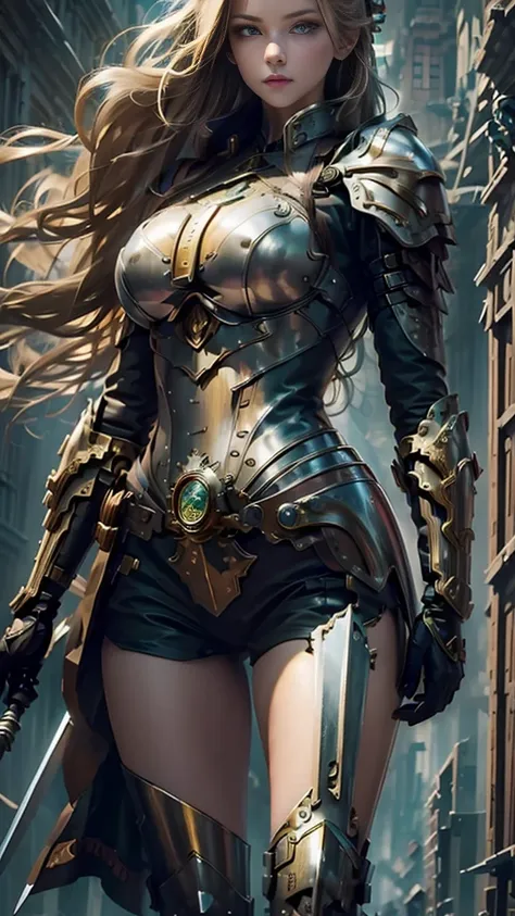 ((best quality)), ((masterpiece)), (detailed), 1 girl, whole body，Standing，Girl，Long blond hair，Green Eyes，Wearing grey steampunk armor，Holding a long sword，Background is the ruins of the city。