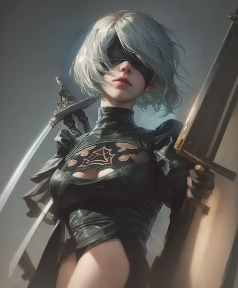 Anime girl with long samurai sword and black outfit posing for a photo、2B Nier オートマトン、Nier:Automaton Inspired、Nier オートマタ インスパイア、Nier オートマタの 2 B、Nier オートマタの 2b、2 b、Nier インスパイアー、Nier 2 b、Bad anime 8k、Nier、Female Assassin、8k high quality detailed art