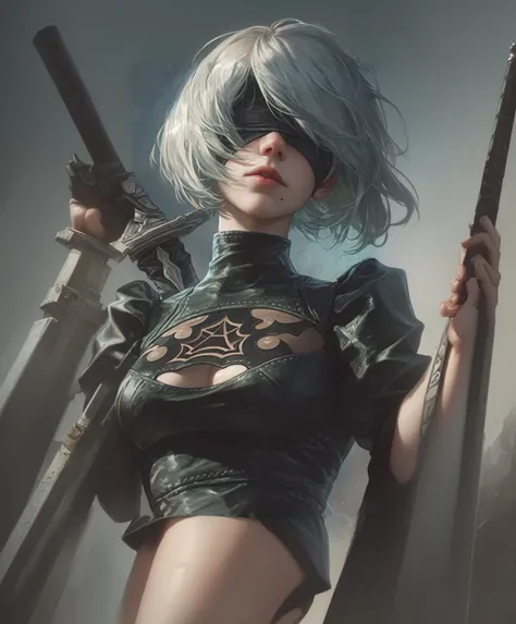 Anime girl with long samurai sword and black outfit posing for a photo、2B Nier オートマトン、Nier:Automaton Inspired、Nier オートマタ インスパイア、Nier オートマタの 2 B、Nier オートマタの 2b、2 b、Nier インスパイアー、Nier 2 b、Bad anime 8k、Nier、Female Assassin、8k high quality detailed art