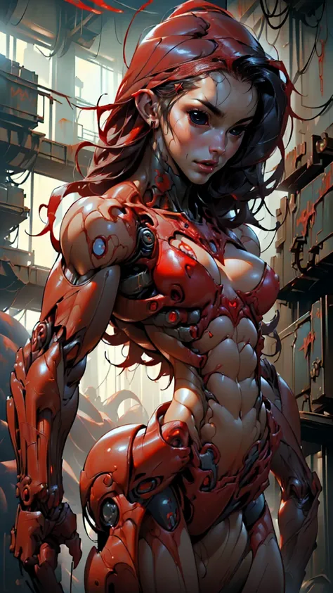 (((beautiful girl face))), (((megan fox as a beautiful vampiric girl with a muscular red carnage body))), (((red carnage anatomic muscular bio-mecha muscle suit))), (((body totally covered in muscles, veins, tendons))), (((perfect muscular anatomy))), (((w...