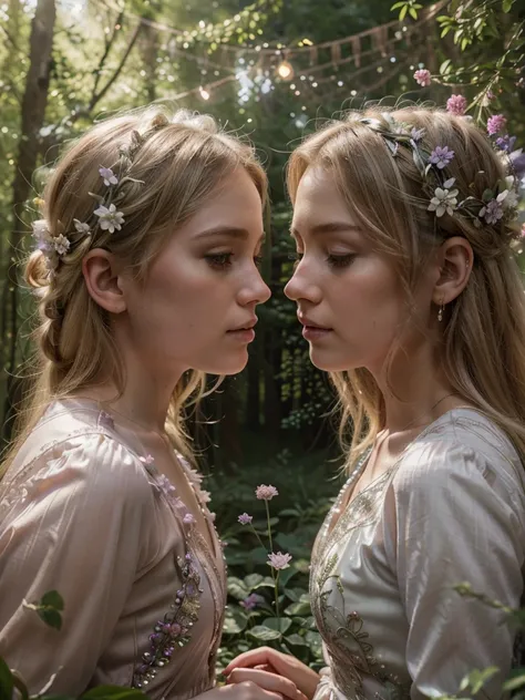 a beautiful blonde woman in a fairy dress, a second blonde woman in a fairy dress, enchanted forest, fairy tale scene, beautiful lighting, detailed faces, intricate fairy dress, delicate lace, shimmering fabric, flower crowns, pink and purple hues, glowing...