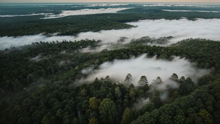 closeup of fog in the forest. top view. eagle view. aerial view in the morning