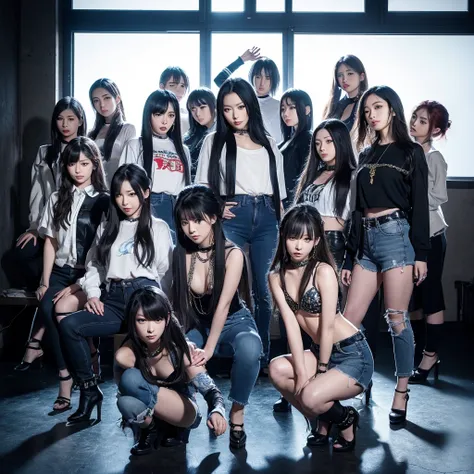 Japanese female dance and pop musical group with 8 members. 6 long-haired members and 2 short-haired members all long-haired, with jeans and a provocative translucent shirt, with chains and spikes.