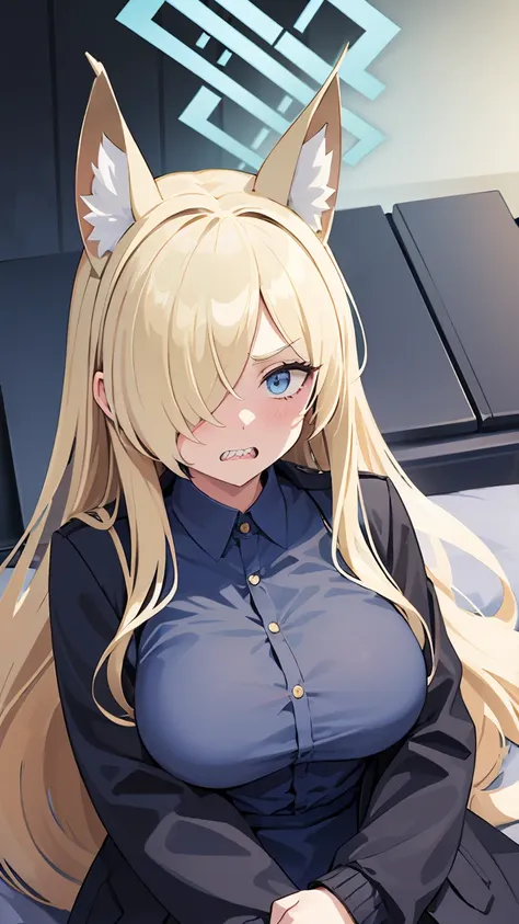 kanna ogata（blue archive）,blonde long hair,grey gap,wolf ears,one eye is covered by hair,large breasts,circle of angels overhead...