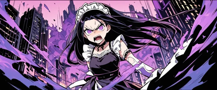 A teenager maid with long black hair and purple eyes. She is angry. The background is a city with purple fire. Kimetsu no Yaiba Art Style.