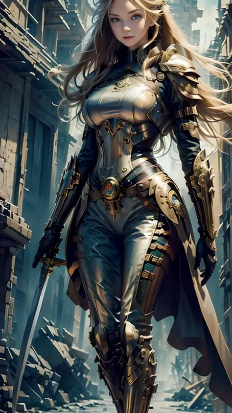 ((best quality)), ((masterpiece)), (detailed), 1 girl, whole body，Standing，Girl，Long blond hair，Green Eyes，Wearing grey steampunk armor，Holding a long sword，Background is the ruins of the city。