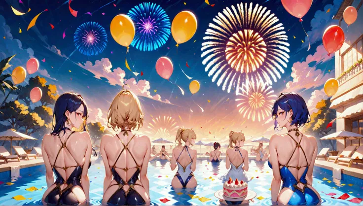 score_9, score_8_up, score_7_up, score_6_up, masterpiece, top quality, best quality, official art, beautiful and aesthetic, anime_source, centered, cinematic scene,Group of woman swimming in a pool, multi ethnics, diverse, pool party, balloons and confetti...