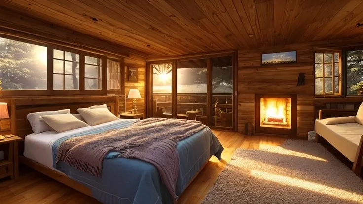 arafed bedroom with a fireplace and a bed with a blanket, cozy room, cozy place, cozy and peaceful atmosphere, cozy environment, cozy and calm, cozy setting, cozy atmospheric, cozy treehouse bedroom, cozy atmosphere, cozy wallpaper, cosy atmoshpere, cozy l...