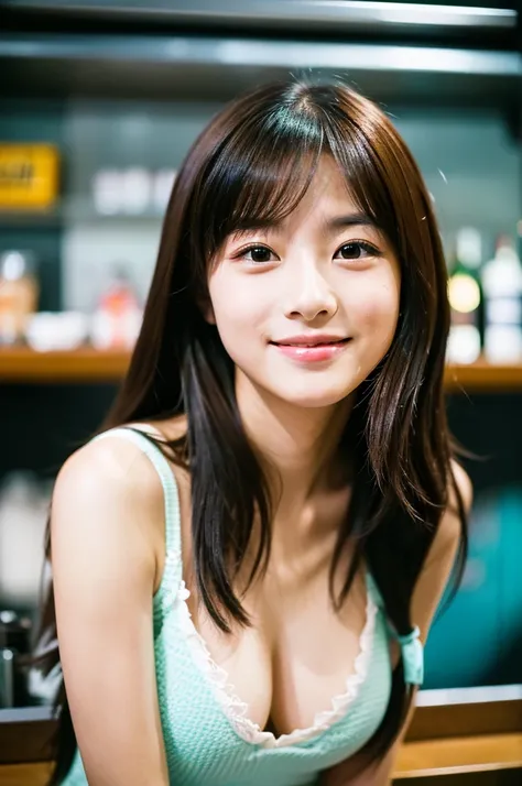 A very cute face like an idol、Looks like a young face、20-year-old female、Gentle and cute、A kind smile、Cleavage、one piece、Stylish bar counter、cheers、whole body、((leica 50 mm prime lens, Cine Steel 800T film, art color photography))、RAW Photos、Genuine、Artist...