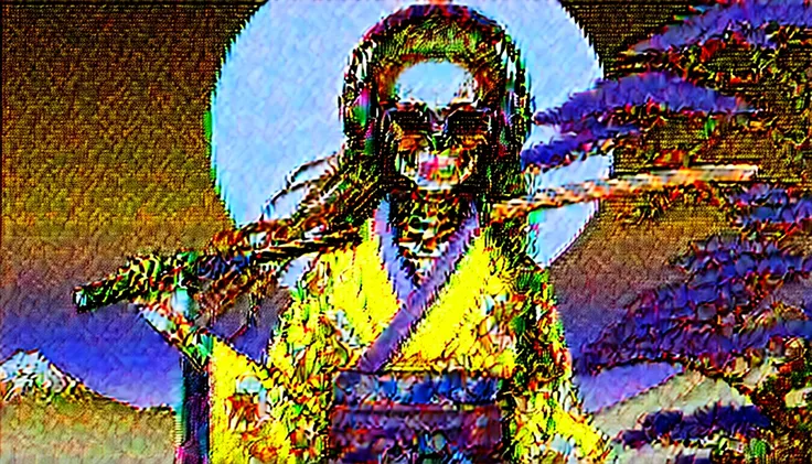 A female skeleton with long hair wearing a neon-illuminated kimono, Sunglasses with tinted lenses, Katsushika Hokusai, Ink Painting, Japanese style headphones, Holding a Japanese sword in one&#39;s mouth, Modern ukiyo-e style, Red Eyes