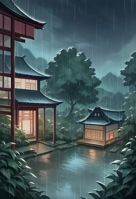 there is a rain falling down on a house and a garden, lush japanese landscape, rainy scene, beautiful anime scene, rain aestheti...