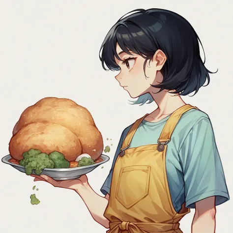 Bande dessinée. Plain white background. Watercolor of heroine in profile with short, black hair wearing yellow overalls, chewing a rice ball.