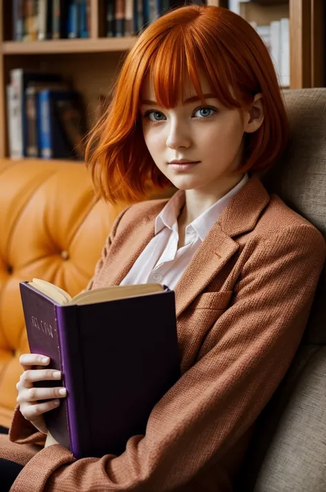 Girl with orange hair with a book near her face, light violet eyes and an orange suit combined with black