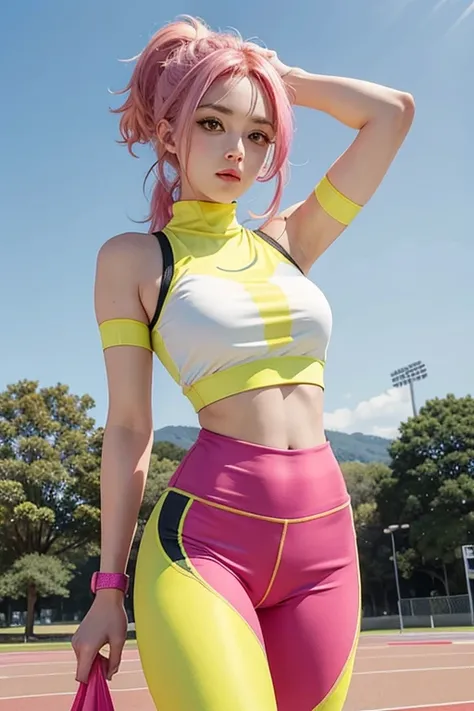 beautiful girl, pink hair, yellow eyes, sports top, sports leggings, park background