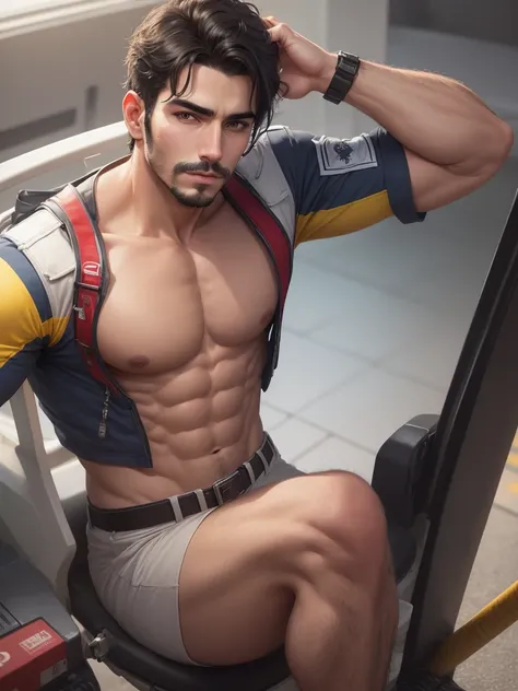 male paramedic, dark hair, peaceful face, maduro, hot, muscular and shirtless.