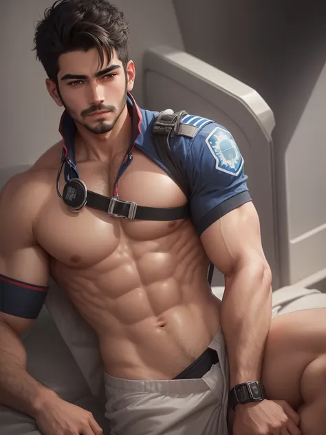 male paramedic, dark hair, peaceful face, maduro, hot, muscular and shirtless.