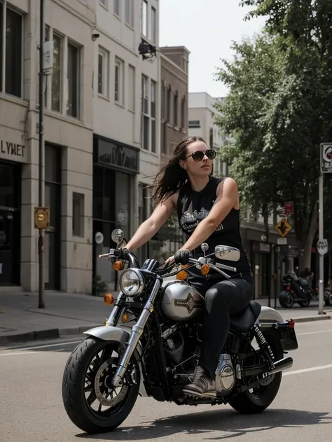 a photo of a woman riding a harley motorcycle in an urban street captured mid motion, the shot is wide and long