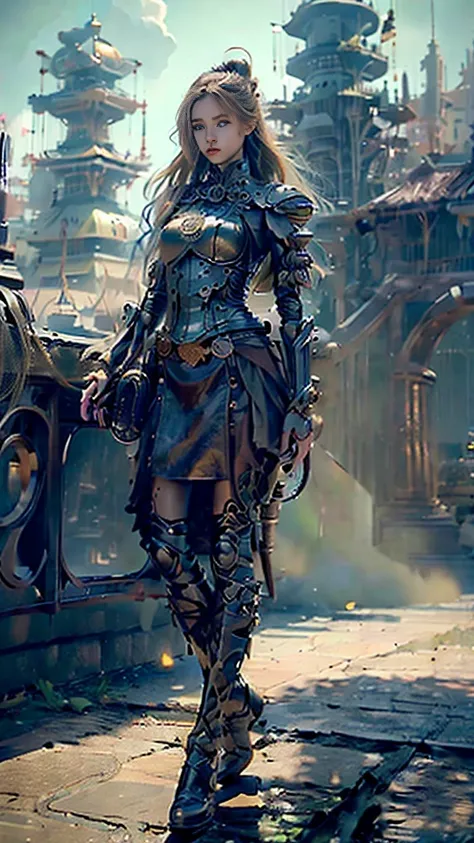 ((best quality)), ((masterpiece)), (detailed), 1 girl, whole body，Standing，Girl，Long blond hair，Green Eyes，Wearing grey steampunk armor，Holding a long sword，Background is the ruins of the city。