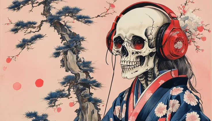 A female skeleton with long hair wearing a gorgeous kimono, Light pink lens sunglasses, Katsushika Hokusai, Ink Painting, Japanese style headphones, Fight with Japan swords, Modern ukiyo-e style, Red Eyes