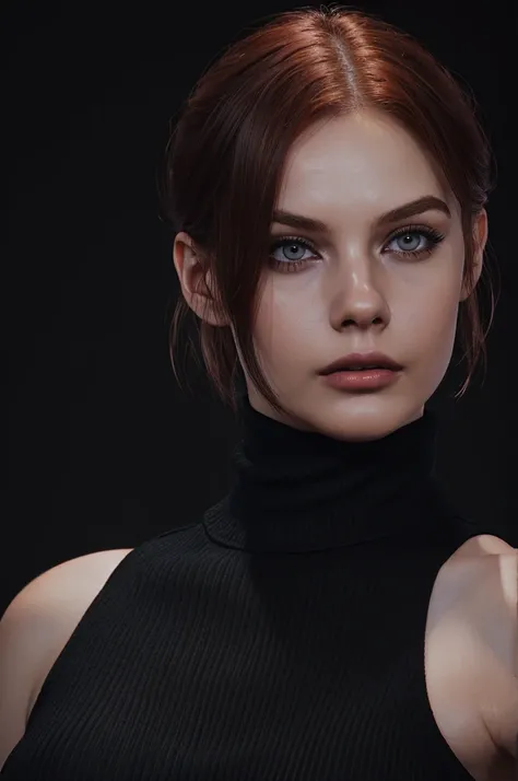 woman with medium-short-hair,Auburn-red-hair, hairy short hairstyle, pale, wearing black turtleneck. eyeliner,portrait, beautiful woman, beautiful female ,beautiful ,eyeliner , elegant, digital painting, smooth, dramatic lighting, ultra realistic, 8k, art ...