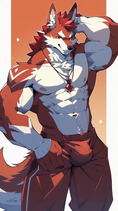 Orange background，high resolution，4K，masterpiece，high quality，35 years old，((Wolfdog))，male，((whole body:1.4，Strike a pose:1.5，Mature:1.3，Smiling face:1.4))，WolfdogFurry，（Uncle figure:1.5，hairy），((Moderate:1.2))，((Strong body:1.5，Long legs:1.3，big ear:1.3，...