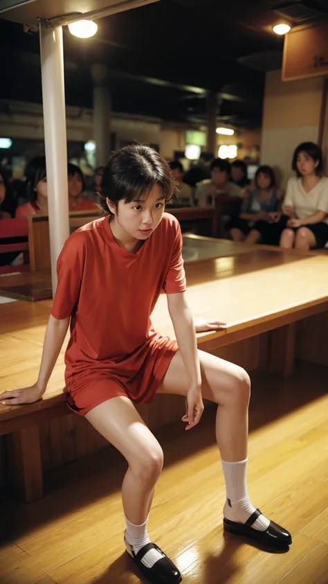 bar，the 90s，Blurred foreground，A female college student from Hong Kong is sitting in the middle，Lens shooting，Dynamic composition photography，Wong Kar-wai style