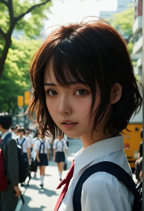 (((Realistic photograph))),, Portraiture, (Scary face:1.3),, beautiful girl, View your audience, , (school uniform:1.2), Buttoned shirt and trousers, , (Cleavage:1),, On the streets of Japan, (Environment details:1.3),, (RAWphotograph, CG unity, photograph...