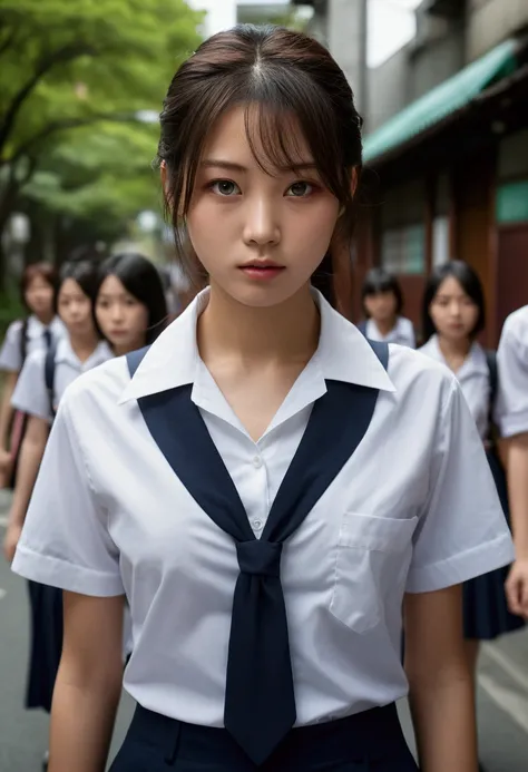 (((Realistic photograph))),, Portraiture, (Scary face:1.3),, beautiful girl, View your audience, , (school uniform:1.2), Buttoned shirt and trousers, , (Cleavage:1),, On the streets of Japan, (Environment details:1.3),, (RAWphotograph, CG unity, photograph...