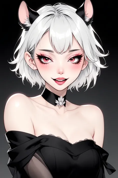 (best quality, sketch:1.2),Practical,ilustrador,shrew，Japanese cartoons,1 girl, Delicate lips, ，Fangs，hand，hairy，Off-shoulder， Black and white gradient background,Neon hair,Texture cropping, masterpiece, The style is vintage, Deep Black 