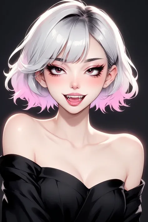 (best quality, sketch:1.2),Practical,ilustrador,shrew，Japanese cartoons,1 girl, Delicate lips, ，Fangs，hand，hairy，Off-shoulder， Black and white gradient background,Neon hair,Texture cropping, masterpiece, The style is vintage, Deep Black 