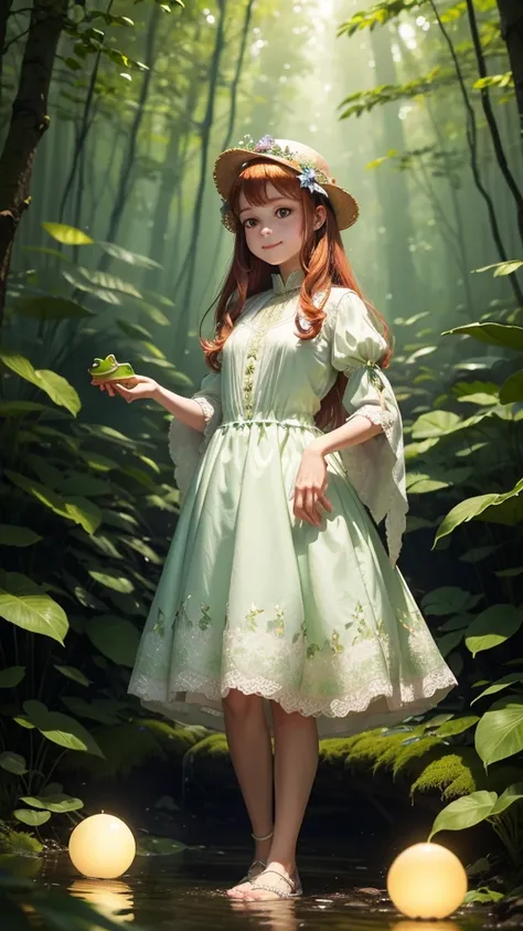 

"A young girl stands in a magical forest, holding a unique frog in her hands. The girl, around 10 years old, has long, flowing auburn hair adorned with tiny flowers. She wears a simple, white dress with lace trim, which contrasts with the vibrant greens ...