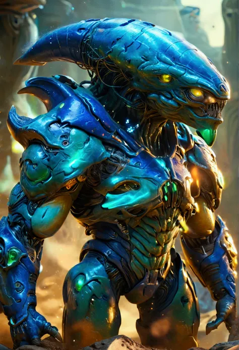 fat alien creature, short height, stocky, futuristic technology, blue-green skin, full body, one hand raised to cast spells, front view, full body, titanium metal, starcraft, guards of the galaxy, full body, realistic, intricate details, high details, amaz...