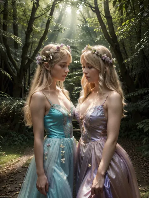 front , a beautiful blonde woman in a fairy dress, a second blonde woman in a fairy dress, enchanted forest, fairy tale scene, beautiful lighting, detailed faces, intricate fairy dress, delicate lace, shimmering fabric, flower crowns, pink and purple hues,...