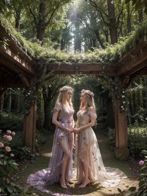 front , a beautiful blonde woman in a fairy dress, a second blonde woman in a fairy dress, enchanted forest, fairy tale scene, beautiful lighting, detailed faces, intricate fairy dress, delicate lace, shimmering fabric, flower crowns, pink and purple hues,...