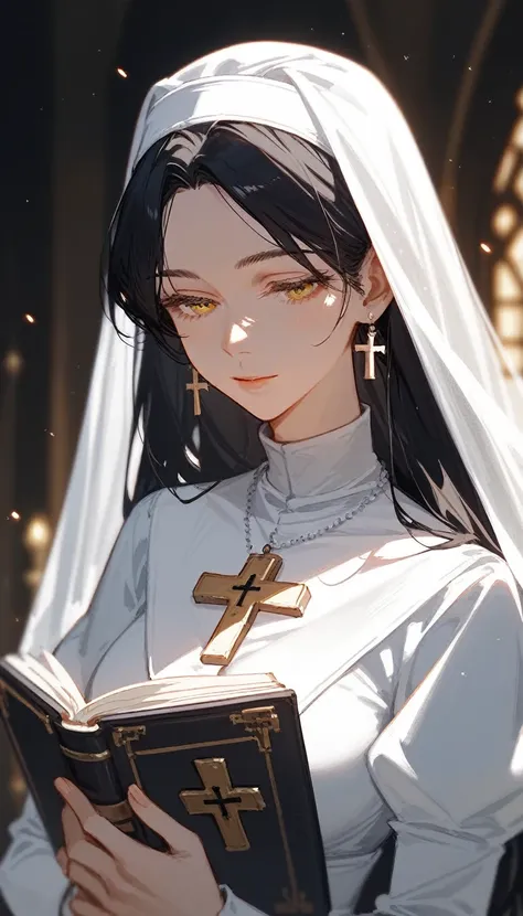 (Fraction_9,Fraction_8_Direction_7_up), （（1 woman））（bust），Priest，nun，White holy light，Wedding dress，Book in hand，cross，Close your eyes and pray，Black, white and yellow，whole body