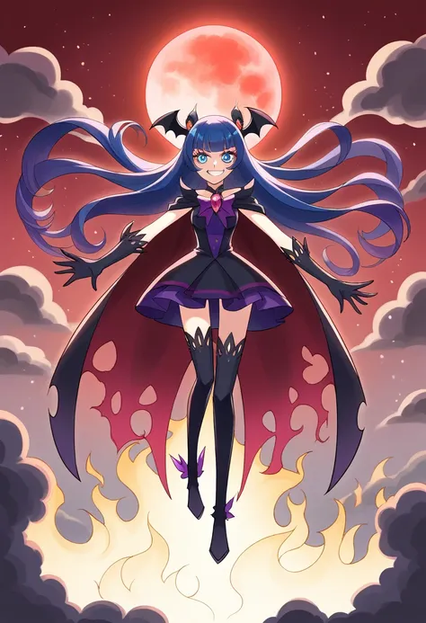 Highest quality, Very detailed,One Girl, alone, {cure_zero_hirogaruzeroprecure:1.15}, Dark blue hair, blue eyes, Blue flames in the eyes, Long Hair, Twin tails, Magical girl, bangs, Open your mouth, Redhead, multicoloRedhead, One Girl, blunt bangs, Darken ...