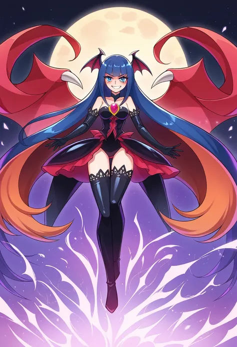 Highest quality, Very detailed,One Girl, alone, {cure_zero_hirogaruzeroprecure:1.15}, Dark blue hair, blue eyes, Blue flames in the eyes, Long Hair, Twin tails, Magical girl, bangs, Open your mouth, Redhead, multicoloRedhead, One Girl, blunt bangs, Darken ...