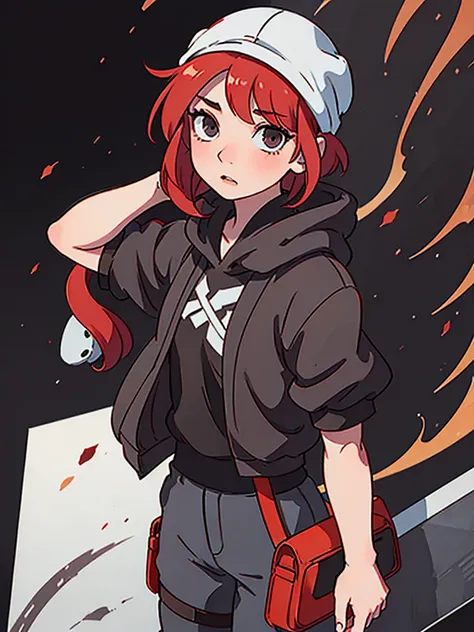 A girl with short red Bob style hair, white skin, light brown eyes, black gloves, black hoodie on head, black pants with straps, looking at the mobile phone in her hands