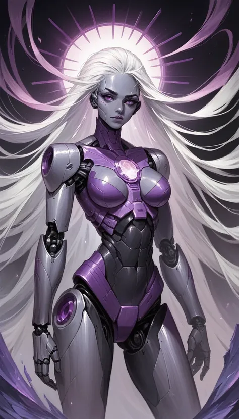 ,masterpiece, best quality, 4k, best quality, masterpiece, robot girl, black-white mecha body, shiny, standing, (purple light array trim), dreadlock, white hair, hentai, high-definition, crisp clarity, sharp contrast, vivid luminance, photorealistic detail...