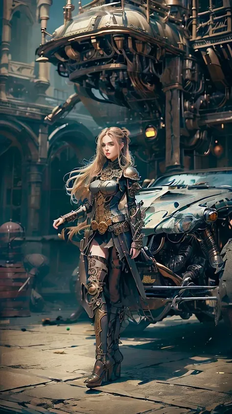 ((best quality)), ((masterpiece)), (detailed), 1 girl, whole body，Standing，Girl，Long blond hair，Green Eyes，Wearing grey steampunk armor，Holding a long sword，Background is the ruins of the city。